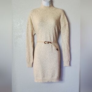 Neutral Mock Neck Belted Cream Knit Sweater Dress Size Medium